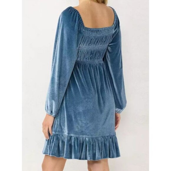 Lauren Conrad Blue Velour Long Sleeve Smocked Dress Medium - Picture 2 of 12